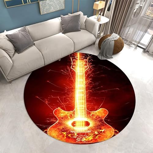 SANBEC 3D-Flammenkunst-Gitarre, runder Teppich, Bodenmatte, Wohnzimmer, Schlafzimmer, Dekoration, Stuhlmatte, Bereich, Teppich, Yoga-Matte, Rutschfester Teppich von SANBEC