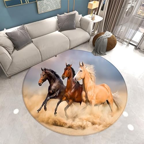 SANBEC 3D-Tier-Pferd-Pferd runder Teppich Wohnzimmer Schlafzimmer Küche Eingangstürmatte Flanell Anti-Rutsch-Stuhlmatte waschbar von SANBEC