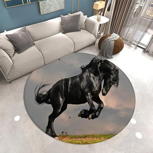 SANBEC 3D Tier Pferd schwarz runder Teppich Kinder Wohnzimmer Bodenmatte waschbare Bodenmatte Yoga Matte Schlafzimmer Stuhl weiche Bodenmatte von SANBEC