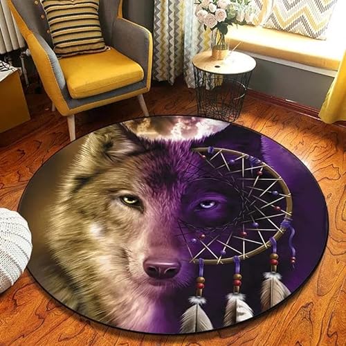 SANBEC 3D-Tier-Wolf-Traumnetz, runder Teppich, weiche Stuhlmatte, rutschfeste Badezimmer-Bodenmatte, Kinderzimmer-Teppich, Fußmatte, Bereichsteppich von SANBEC
