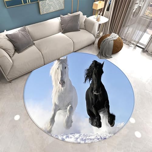 SANBEC 3D schwarzes Pferd und weißes Pferd runder Teppich Drehstuhl Bodenmatte Wohnzimmer Dekoration Zuhause Schlafzimmer Teppich Sofa Couchtisch Teppich von SANBEC
