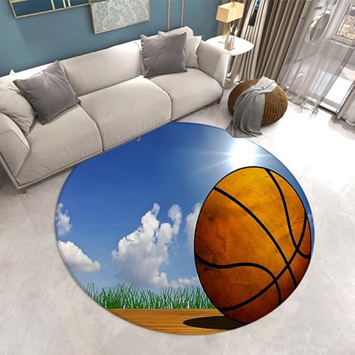 SANBEC Blauer Himmel und weiße Wolken, Basketball, runder Teppich, Wohnzimmer, Garderobe, Bereich, Teppich, Kinderzimmer, Dekoration, rutschfeste Stuhlmatte, Fußmatte von SANBEC