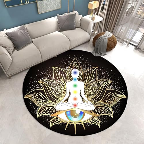 SANBEC Golden Lotus Meditation Yoga Runder Teppich Weiche Stuhlmatte rutschfeste Badezimmer-Bodenmatte Kinderzimmerteppich Fußmatte Bereichsteppich von SANBEC