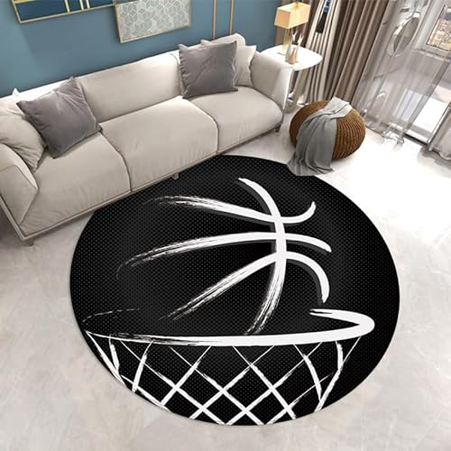 SANBEC Handbemalter Basketballkorb runder Teppich Wohnzimmer Schlafzimmer Küche Eingangstürmatte Flanell Anti-Rutsch-Stuhlmatte waschbar von SANBEC