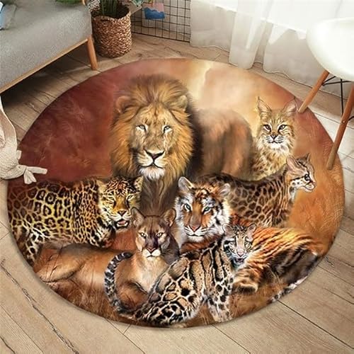 SANBEC Löwe, Tiger, Leopardenmuster, runder Teppich, Wohnzimmer-Bodenmatte, Schlafzimmer, Badezimmer, Bodenmatte, Kinderheimdekoration, rutschfeste Fußmatte von SANBEC