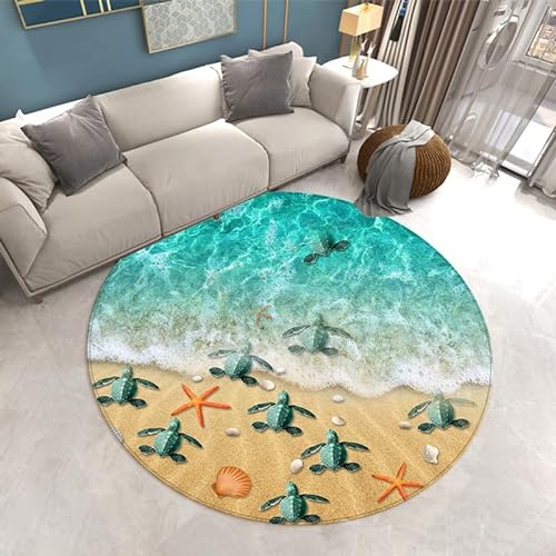 SANBEC Seaside Beach Starfish Turtle Runder Teppich, rutschfeste Fußmatte, Bereich Teppich, Stuhlmatte, Spielzimmer, Schlafzimmer, Kinderzimmer, Spielmatte von SANBEC