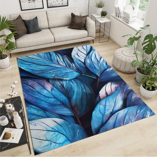 SANSJI Abstrakte Blaue Blattstruktur Teppiche Gegend, Natürliche Pflanzenlandschaft Maschinengewebt Schlafzimmerteppich - für Schlafzimmer Wohnzimmer Esszimmer Balkon 180 x 200 cm von SANSJI