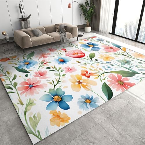 SANSJI Bunte Blumen Teppiche Gegend, Aquarell Pfingstrosen Rosen Kurzflor Kinderteppich - für Terrasse Garten, Küche, Bad Oder 60 x 90 cm von SANSJI