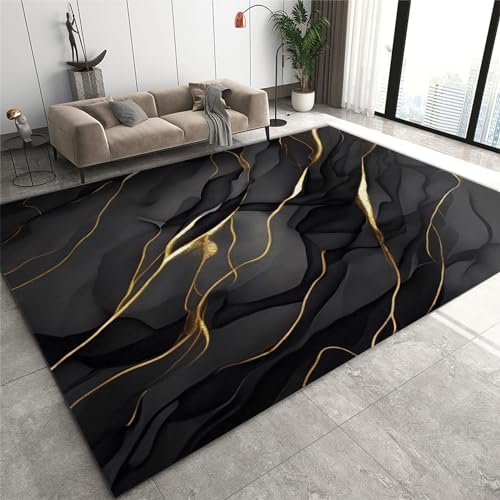 SANSJI Business Schwarzer Marmor Teppiche Gegend, Golden Ink Light Luxus Maschinengewebt Schlafzimmerteppich - für Schlafzimmer Wohnzimmer Esszimmer Balkon 170 x 240 cm von SANSJI