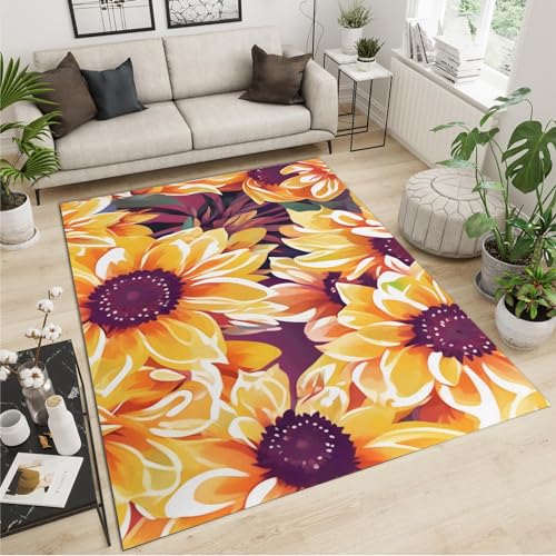 SANSJI Gelbe Sonnenblumen Teppiche Gegend, Aquarell Pastorale Blumen Kurzflor Kinderteppich - für Terrasse Garten, Küche, Bad Oder 60 x 90 cm von SANSJI