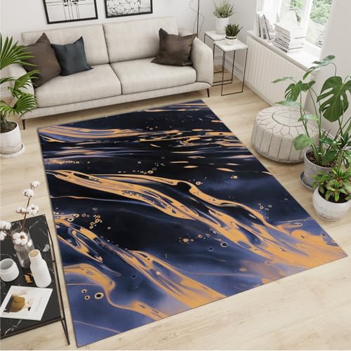 SANSJI Marineblauer Goldmarmor Teppiche Gegend, Retro Ink Luxus Waschmaschinenfest Wohnzimmerteppich - für Terrasse Garten, Küche, Bad oder 160 x 230 cm von SANSJI