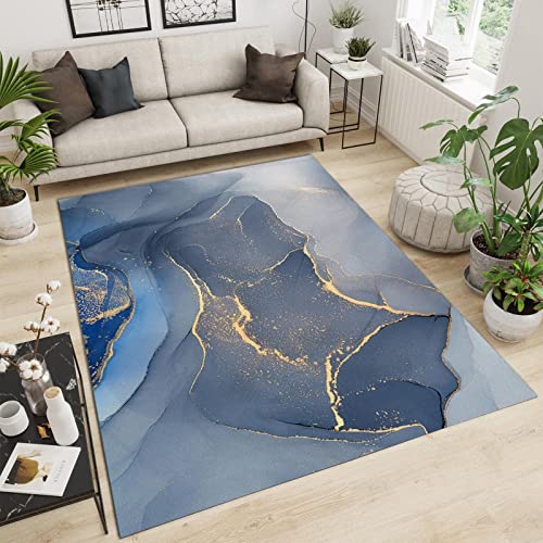 SANSJI Modernes Abstraktes Blaues Gold Teppiche, Leichter Unregelmäßiger Luxusmarmor Pflegeleicht Teppiche - für Terrasse Garten, Küche, Bad Oder 180 x 280 cm von SANSJI