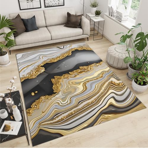 SANSJI Modernes Schwarzes Gold Teppiche Gegend, Marmorstreifen Maschinengewebt Schlafzimmerteppich - für Schlafzimmer Wohnzimmer Esszimmer Balkon 180 x 200 cm von SANSJI