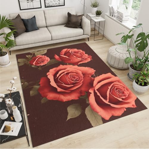 SANSJI Vintage Rote Rosen Teppiche Gegend, Romantische Blumen Zum Valentinstag rutschfest Flachgewebter Teppich - für Schlafzimmer Wohnzimmer Esszimmer Balkon 60 x 120 cm von SANSJI