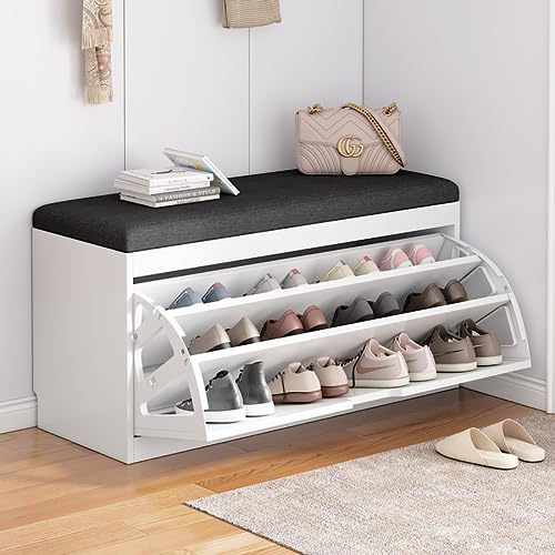 Schuhschrank Schuhbank Mit Sitzbank Und Sitzkissen, Shoe Rack with Seat,Sitzbank Mit Sitzfläche Und Speicherfunktion,Holz Schuhregal Mit Stauraum Unter Sitzfläche Für Flur Und Eingang (Color : Black von SARKEY