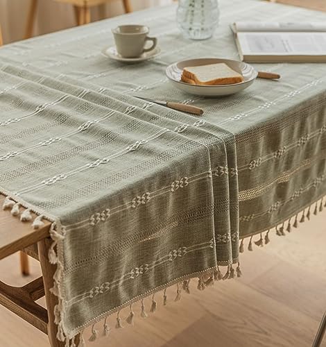 SASIGAYA Grün Tischdecke Abwaschbar Baumwolle Leinen Durchbrochene Tischtuch 140×140cm Rechteckige Tischdecke mit Quasten für Küche Esstisch Couchtisch Dekoration Garten-Tischtücher von SASIGAYA