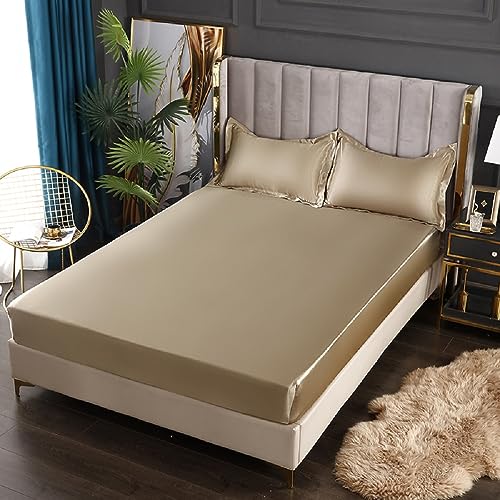 SASIGAYA Satin Spannbettlaken 180x200cm Khaki Seide Glänzend Einfarbig Microfaser Spannbetttuch Hochwertiges Deluxe Unifarben Satin Bettlaken für Boxspringbett Topper Matratzen bis 25cm von SASIGAYA