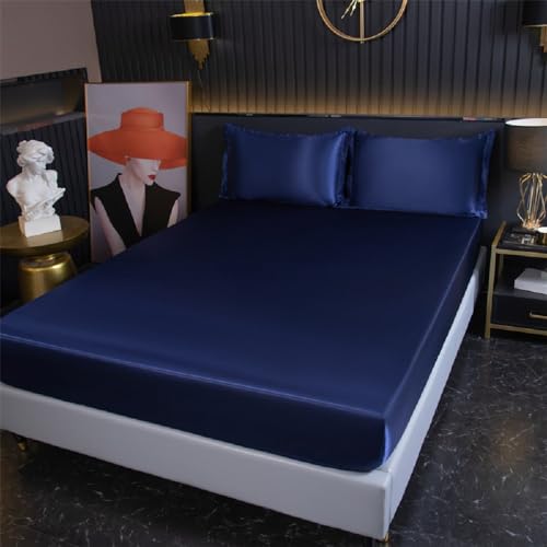 SASIGAYA Satin Spannbettlaken 90x200cm Blau Seide Glänzend Einfarbig Microfaser Dunkelblau Spannbetttuch Hochwertiges Deluxe Unifarben Satin Bettlaken für Boxspringbett Topper Matratzen bis 25cm von SASIGAYA