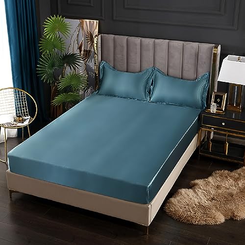 SASIGAYA Satin Spannbettlaken 90x200cm Blau Seide Glänzend Einfarbig Microfaser Spannbetttuch Hochwertiges Deluxe Unifarben Satin Bettlaken für Boxspringbett Topper Matratzen bis 25cm von SASIGAYA