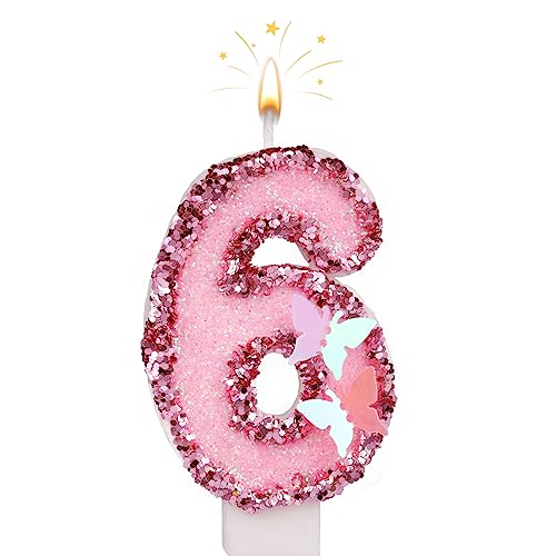 7cm Geburtstag Nummer Kerzen, Glitzernde Zahlenkerze Rosa Zahlenkerzen Kuchenaufsatz Schmetterlings-Geburtstagskerzen mit Pailletten für Jubiläumsfeiern (Nummer 6) von SAVITA