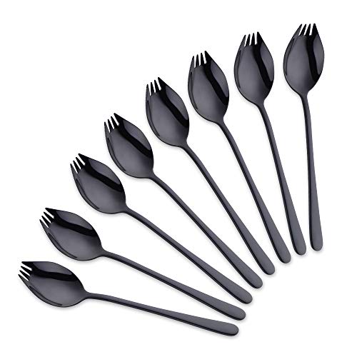 SBOMHS Spork Göffel mit messer wellenschliff Schwarz Edelstahl 8 Stück für Outdoor Camping Picknick 19CM lang Griff Salat Gabeln Nudeln Löffel Kuchen Büfetts Gabel Löffel 2 in 1 von SBOMHS