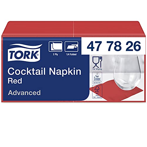 Tork 477826 Cocktailservietten Rot / Cocktail Serviette in Advanced Qualität 1/4 Falz / 12 x 200 (2400) Servietten / 23,8 x 24 cm (B x L) von Tork