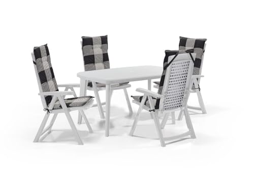 Shaf Milano 5-TLG. Outdoor-Essgruppen-Set | Klappstühle Scwarz und weiß | mit Karierten Polstern | Wetterfest | Klappsessel (Polster: Karriert, Set: Weiß) von SCHAFF