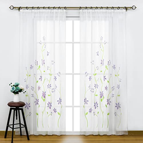 SCHOAL Gardinen mit Kräuselband Transparente Vorhänge Voile Fensterschal Modern Gardinenschal mit Blumen Muster 1 Stück BxH 150x145cm Violett von SCHOAL