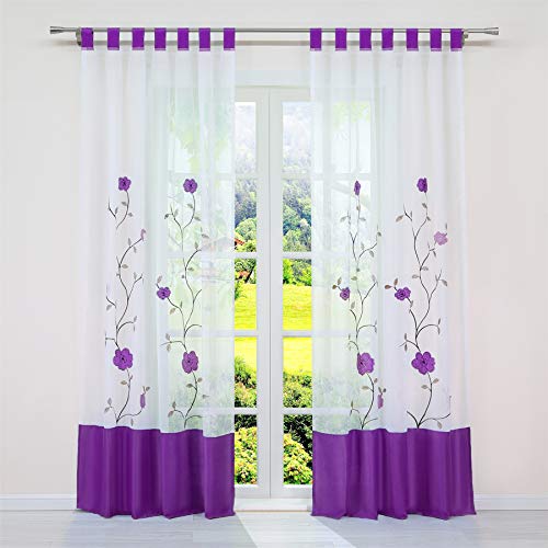 SCHOAL Transparente Gardinen mit Schlaufen Vorhang Voile Schlaufenschal Bestickt Wohnzimmer Blumen Muster BxH 140x145cm 1 Stück Violett von SCHOAL