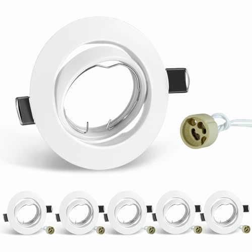 SCNNC Einbaustrahler GU10 Set Einbaurahmen Weiß inkl. GU10 Fassung 230V, 30° Schwenkbar LED Deckenspot 68MM Lochdurchmesser, Einbaustrahler GU10 Rahmen Rund für Einbauleuchten Einbauspots, 6 Sätze von SCNNC