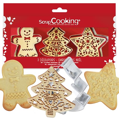 ScrapCooking – Set mit 3 Ausstechformen + Embosser aus Holz Weihnachten – Ausstechformen aus Edelstahl für Reliefgebäck – Backzubehör sandgestrahlt – 2110 von ScrapCooking