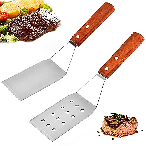 2 Stücke Schaber Spachtelwender, Pfannenwender Set aus Edelstahl, Grill Spatel, Edelstahl Perforiert Grillwender Set mit Holzgriff für Teppanyaki, Barbecue, Steak, Pizza von YANJINGHE