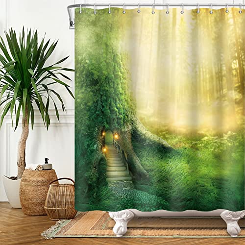 SDOTPMT 105x160cm Fantasie Groß Baum Duschvorhang Magie Wald Grün Gras Landschaft Badevorhang Natur Märchenland Thema Badewanne Vorhang Stoff Polyester für Kind Badezimmer mit Haken von SDOTPMT