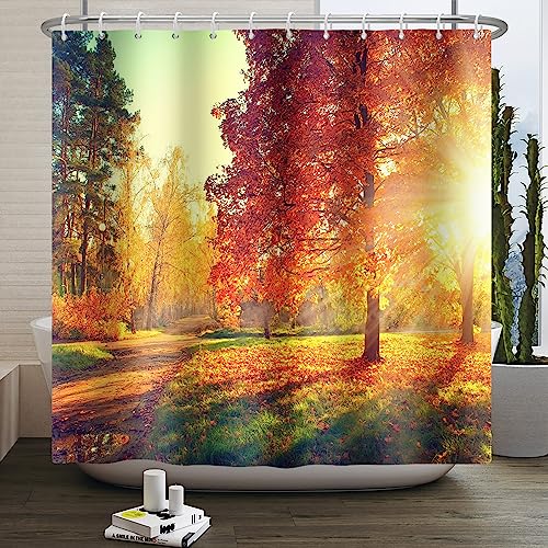 SDOTPMT 105x160cm Herbst Natur Landschaft Duschvorhang Herbst Ahorn Blätter Wald Bad Vorhang Land Bauernhaus Thanksgiving Badewanne Vorhang für Badezimmer Dekor Polyester mit Haken von SDOTPMT