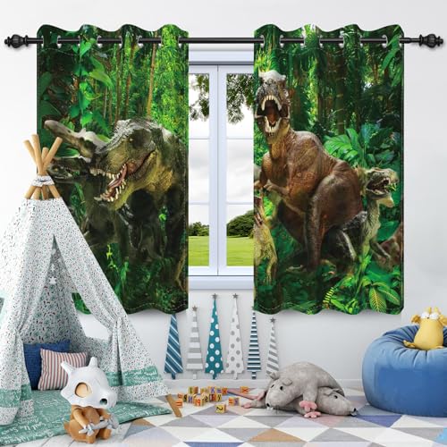 SDOTPMT 107x215cm Tropenwald Enormer Dinosaurier Fenstervorhang Sommerdschungel Uraltes Tier Grüner Baum Blätter Modern Fenster vorhänge Thermisch isoliert Vorhang für Schlafzimmer, 2 Stücke von SDOTPMT