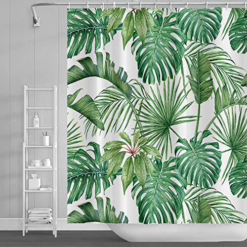 SDOTPMT 180x198cm Aquarell Grün Palmenblätter Dusche Vorhang Sommer Tropisch Botanische Pflanzen Badevorhang Dschungel Banane Monster Blatt Duschvorhang Badezimmer Vorhang mit Haken von SDOTPMT