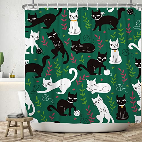 SDOTPMT 180x198cm Lustiger schwarzer weißer Katze Duschvorhang Netter Cartoon Pflanze Blatt Grünes Landhaus Landschaft Badewanne Vorhang für Kinder Badezimmer Dekor mit Haken von SDOTPMT