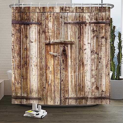 SDOTPMT 180x213cm Holz Planke Duschvorhang Jahrgang Braun Scheune Tür Badevorhang Holz Rustikal Boden Bauernhaus Ländlich Landschaft Badewanne Vorhang Polyester für Badezimmer Badevorhang mit Haken von SDOTPMT