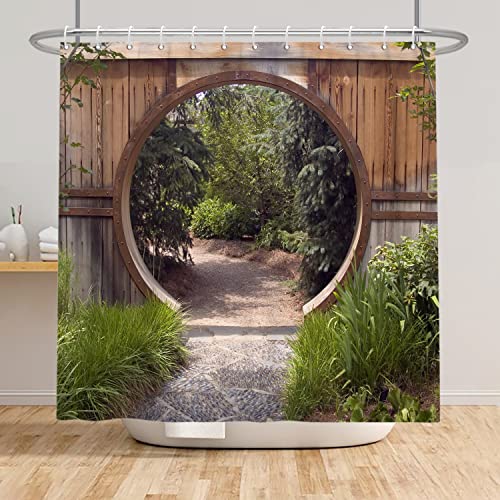 SDOTPMT 180x213cm Natur Der Garten Landschaften Duschvorhang Rund Hölzern Tür Bauernhaus Altmodisch Badvorhang Grün Botanik Blätter Dusche Vorhang für Badezimmer Polyester mit Haken von SDOTPMT