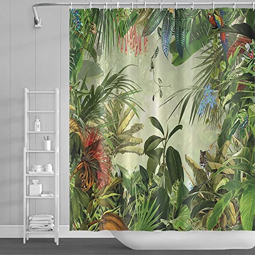 SDOTPMT 180x213cm Tropisch Regenwald Duschvorhang Neblig Urwald Grün Palmblätter Blume Badevorhang Natur Landschaft Badewannenvorhang für Badezimmer Dekor Stoff Polyester Wasserdicht mit Haken von SDOTPMT