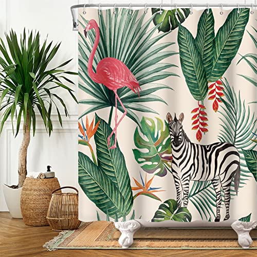 SDOTPMT 180x243cm Flamingo Duschvorhang Tropisch Palme Grüne Blätter Bananenblatt Pferd Badevorhang Sommer Thema Badewanne Vorhang Stoff Polyester Wasserdicht für Badezimmer mit Haken von SDOTPMT