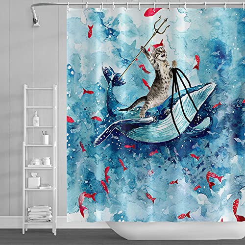 SDOTPMT 180x243cm Komisch Katze Duschvorhang Süß Katze Reiten Wal Ozean Welle Badevorhang Karikatur Rot Fische Blau Badewanne Vorhang Stoff Wasserdicht für Badezimmer Badevorhang mit Haken von SDOTPMT