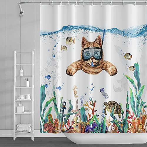 SDOTPMT 180x243cm Lustige Katze Schwimmen Duschvorhang Ozean Welt Unterwasser Schildkröte Badewanne Vorhang Unterwasser Tier Aquarell Bad Vorhang für Kinder Badezimmer Dekor mit Haken von SDOTPMT