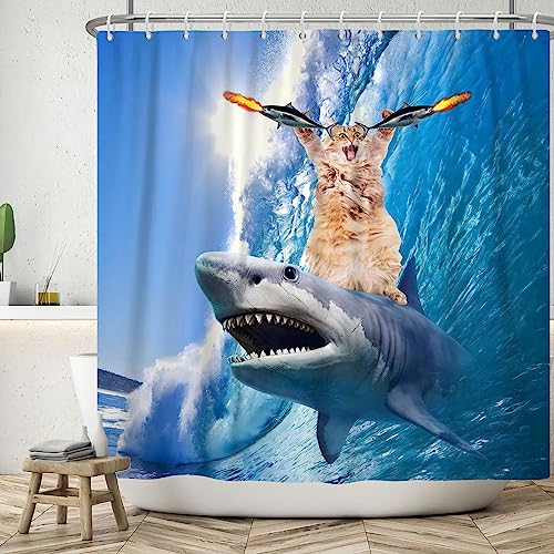 SDOTPMT 180x243cm Lustige Nette Katze Hai Duschvorhang Blau Ozean Welle Badewanne Vorhang Sommer Cartoon Malerei Bad Vorhang für Kinder Badezimmer Dekor Polyester mit Haken von SDOTPMT