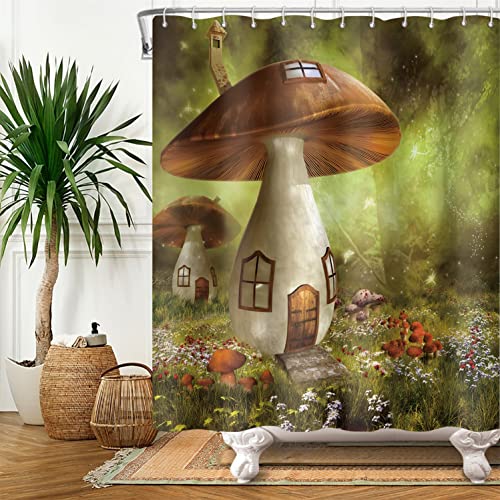 SDOTPMT 180x243cm Magie Pilz Haus Duschvorhang Märchen Wald Fantasie Grün Gras Badevorhang Farbenfroh Frühling Blüten Badewanne Vorhang Stoff Polyester für Kind Badezimmer mit Haken von SDOTPMT