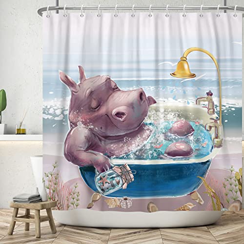 SDOTPMT 180x243cm Netter Hippo Duschvorhang Lustiger Cartoon Tier Seaside Landschaft Bad Vorhang Moderne Mode Badezimmer Vorhang für Kinder Badezimmer Dekor mit Haken von SDOTPMT