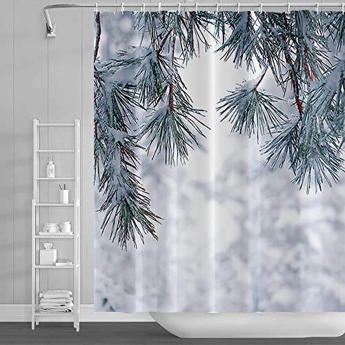 SDOTPMT 180x243cm Schneebedeckt Winter Duschvorhang Landschaft Draussen Berg Weiß Schnee Kiefer Bäume Friedlich Landschaft Badewannenvorhang für Badezimmer Stoff Polyester mit Haken von SDOTPMT