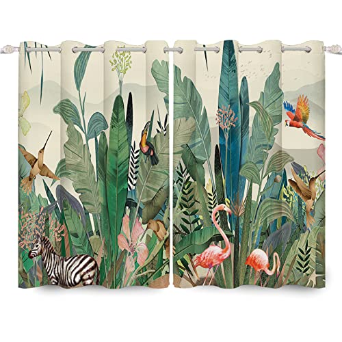 SDOTPMT Fenstervorhang Palme Blätter Blume Flamingo Tropische Vögel Tierwelt Sommerlandschaft Aquarell Fenster vorhänge für Schlafzimmer Lichtblockierung Vorhang 107x160cm, 2 Stücke von SDOTPMT