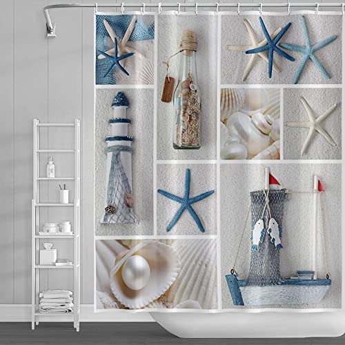 SDOTPMT Ozean Strand Duschvorhang Nautisch Thema Marine Seestern Muscheln Badevorhang Meer Welt Driften Flasche Splicing Badewannenvorhang für Badezimmer Polyester 180x243cm mit Haken von SDOTPMT