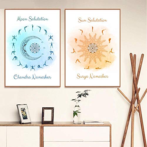 Yoga Sonnengruß & Mondgruß Himmlische Poster und Drucke Yoga Studio Wandkunst Dekor Yoga Geschenk Kunst Leinwand Malerei-40x50cmx2 STK. Kein Rahmen von SDPYY